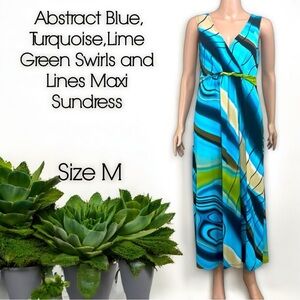 Abstract Blue Turquoise Lime Green Swirls and Lines Maxi Sundress